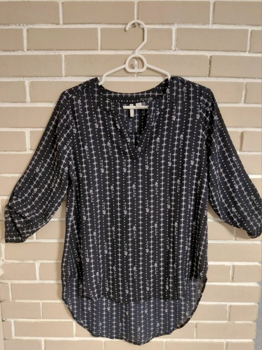 Cato Navy Boho Geometric V-Neck Tunic Blouse Size XS
